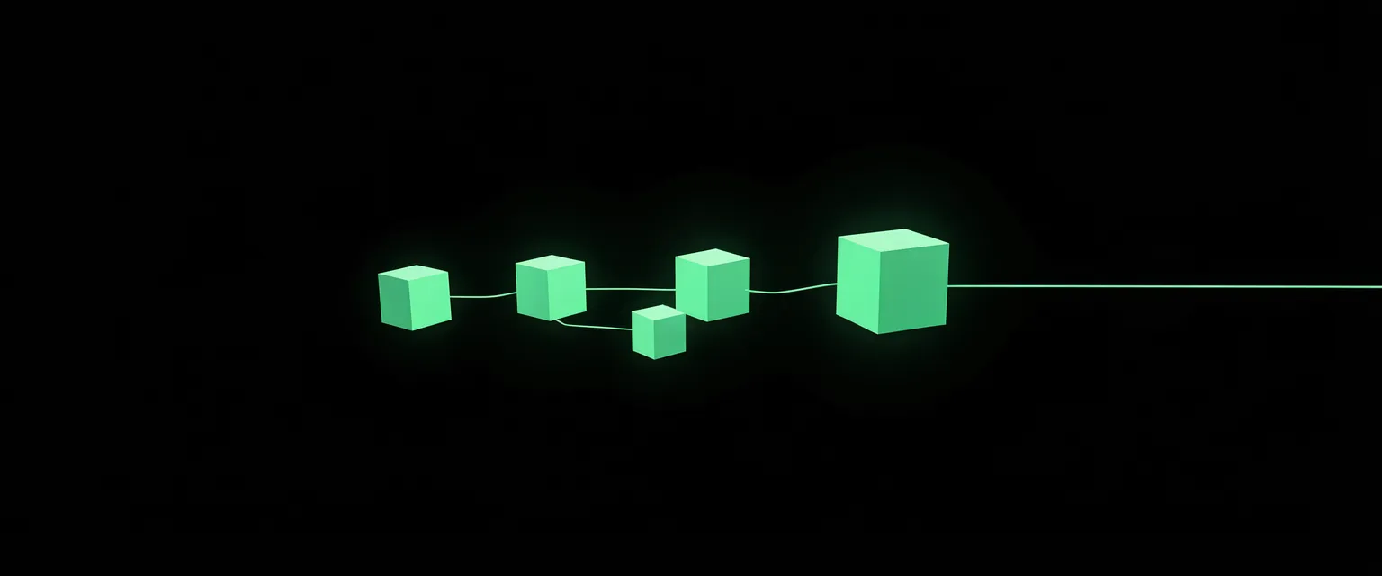 Rendu 3D minimaliste en bichromie noir et vert menthe : quelques cubes verts de tailles croissantes alignés le long d'une fine ligne.