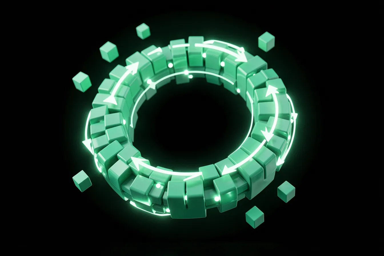Rendu 3D d'une boucle fermée : un anneau de modules verts parcouru de flèches de flux qui tournent en continu.